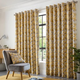 Alan Symonds Scandi Jacquard Lined Ring Top Eyelet Curtains Ochre Grey Silver 117 x 228cm