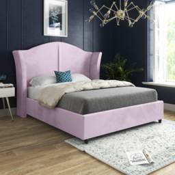 Zampa Double Pink Soft Velvet Upholstered Bed Frame with Curved Winged Headboard