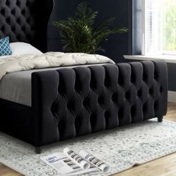 Donati Black King Size Velvet Upholstered Bed Frame with Straight Curved Top Headboard - thumbnail 4