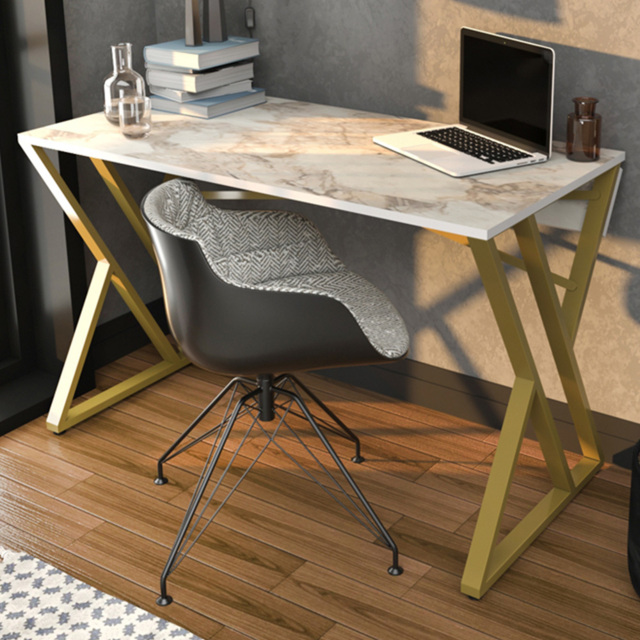 Decorotika Gyza White Marble Effect and Gold Computer Desk with Metal Legs - image 1
