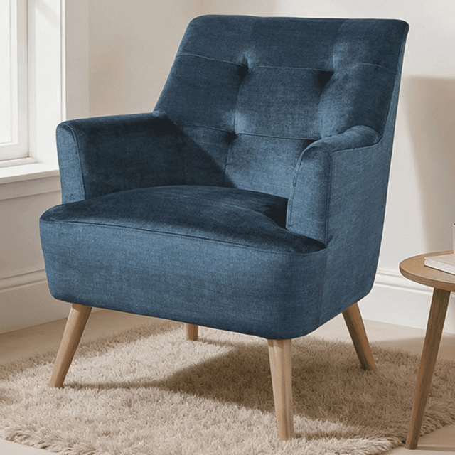 Home Source Arta Dark Blue Plush Accent Armchair with Wooden Legs - image 1