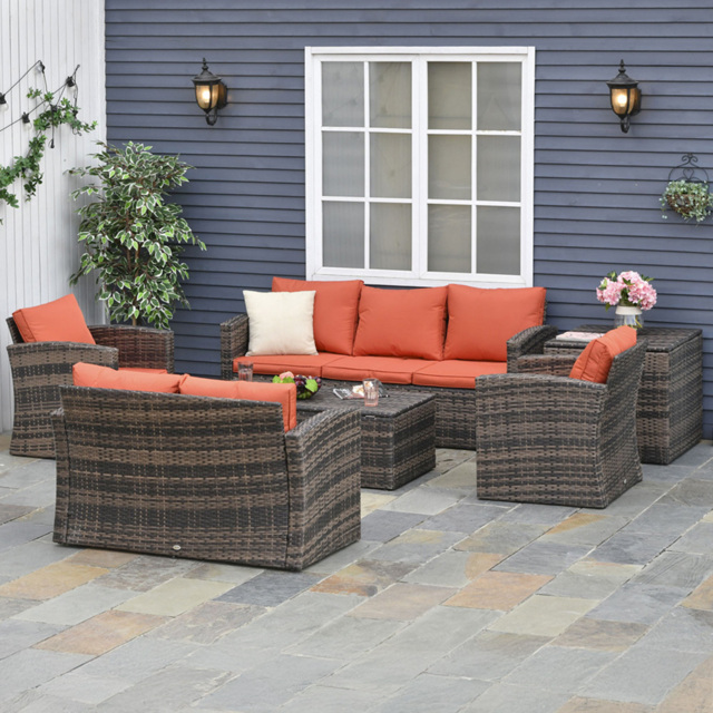 Outsunny 7 Seater Orange Rattan Patio Sofa Lounge Set - image 1