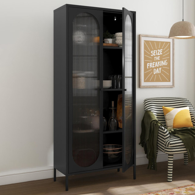 Dorel Luna 2 Door Tall Black Fluted Glass Accent Cabinet - image 1