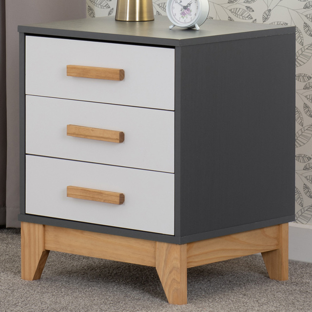 Seconique Cleveland 3 Drawer White and Grey Metal Effect Bedside Table - image 1