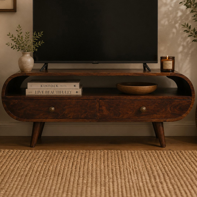 Artisan Furniture California Walnut 3 Drawer Single Shelf Solid Wood Circular TV Stand - image 1
