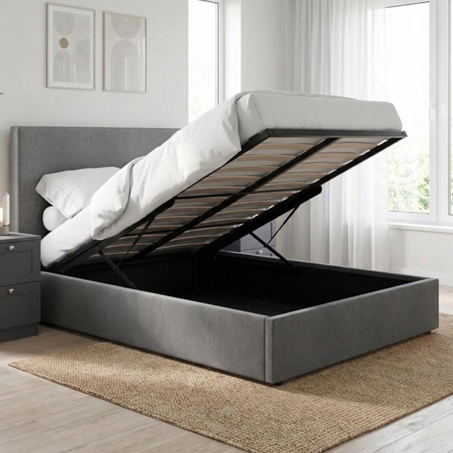 FWStyle Rufford Grey Fossil Small Double Front Lift Ottoman Bed Frame with Padded Headboard