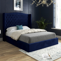 Rana Small Double Blue Soft Velvet Upholstered Bed Frame with Curved Top Winged Headboard