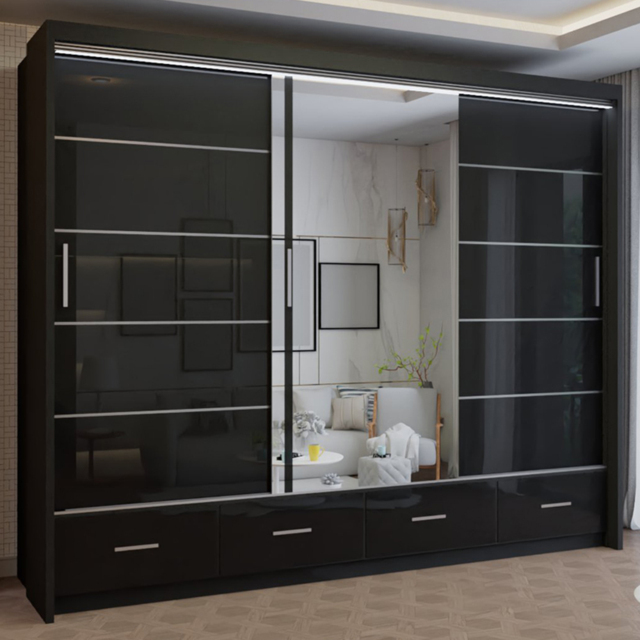 M N Furniture Seliyaa 3 Door 4 Drawer Black High Gloss Sliding Door Wardrobe 255cm - image 1