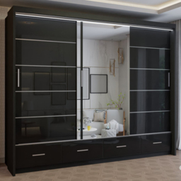 M N Furniture Seliyaa 3 Door 4 Drawer Black High Gloss Sliding Door Wardrobe 255cm