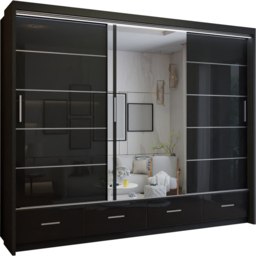 M N Furniture Seliyaa 3 Door 4 Drawer Black High Gloss Sliding Door Wardrobe 255cm - thumbnail 2