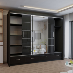 M N Furniture Seliyaa 3 Door 4 Drawer Black High Gloss Sliding Door Wardrobe 255cm - thumbnail 3