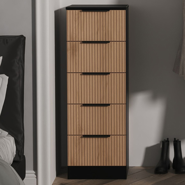 Crowndale Java Slatt Effect and Black 5 Drawer Tall Bedside Cabinet - image 1