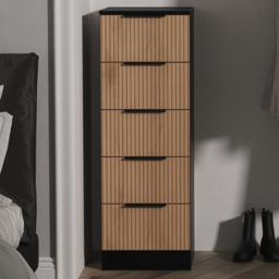Crowndale Java Slatt Effect and Black 5 Drawer Tall Bedside Cabinet - thumbnail 1