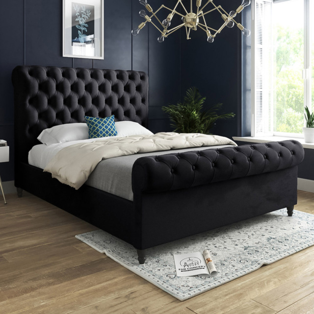 Sienna Small Single Black Soft Velvet Upholstered Sleigh Bed Frame with Scrolled Headboard - image 1