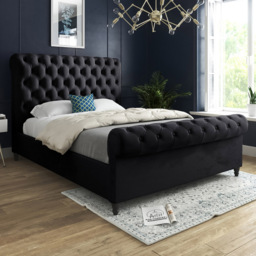 Sienna Small Single Black Soft Velvet Upholstered Sleigh Bed Frame with Scrolled Headboard - thumbnail 1