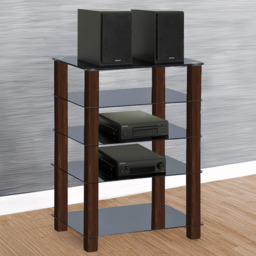 Centurion Supports Trinity 5 Shelf Gloss Black Glass Multimedia Stand with Walnut Legs