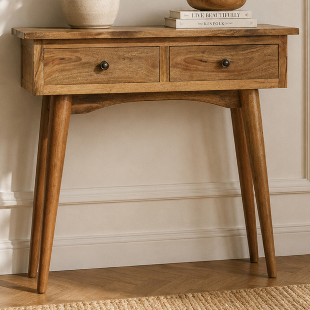 Artisan Furniture Oak-ish 2 Drawer Solid Wood Mini Hallway Console Table - image 1