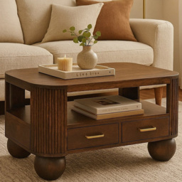 Artisan Furniture California Walnut 2 Drawer Single Shelf Mango Wood Sphere Legs Coffee Table