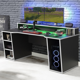 Florence Tezaur 4 Shelf Black LED Gaming Desk with White Trim - thumbnail 1