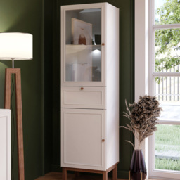 Florence Wensley 2 Door Single Drawer Light Grey and Oak Glass Display Cabinet with LED Lighting