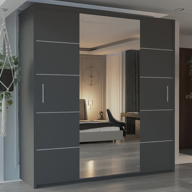 M N Furniture Osaka 2 Door Grey Mirrored Panel Sliding Wardrobe 150cm - image 1