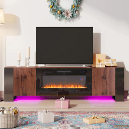 Living and Home Black and Brown 2 Door Electric Fireplace TV Stand with Remote Control
