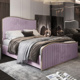 Brixton Pink Small Double Velvet Upholstered Metal Bed Frame with Wave Headboard