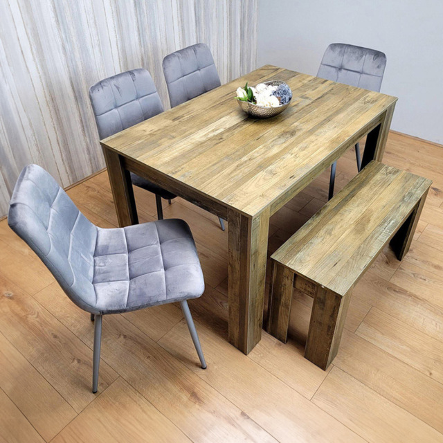 Portland 6 Seater Velvet Dining Bench Set Rustic Effect and Grey - image 1