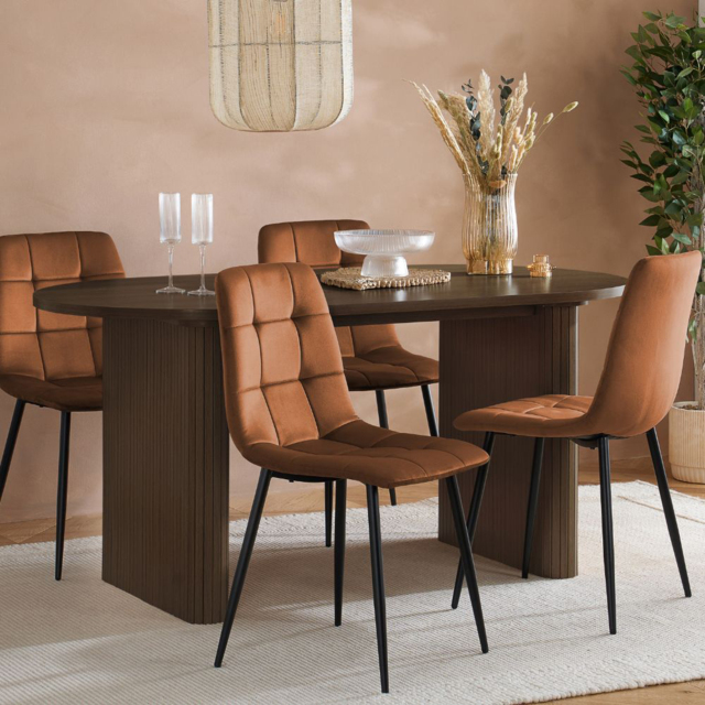 Axel 4 Seater Oval Fluted Dining Set Walnut and Russet Fabric - image 1
