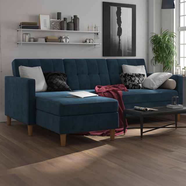 Dorel Hartford 3 Seater Blue Chenille Storage Sectional Sofa Bed with Chaise - image 1