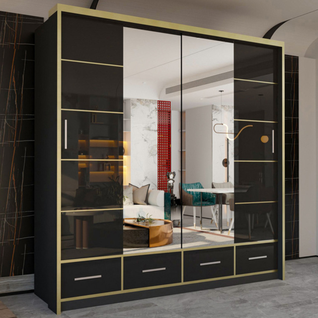 M N Furniture Silora 2 Door 4 Drawer Black and Gold High Gloss Mirrored Sliding Wardrobe 203cm - image 1