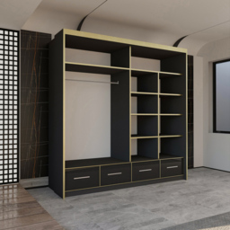 M N Furniture Silora 2 Door 4 Drawer Black and Gold High Gloss Mirrored Sliding Wardrobe 203cm - thumbnail 3