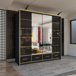 M N Furniture Silora 2 Door 4 Drawer Black and Gold High Gloss Mirrored Sliding Wardrobe 203cm - thumbnail 4
