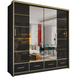 M N Furniture Silora 2 Door 4 Drawer Black and Gold High Gloss Mirrored Sliding Wardrobe 203cm - thumbnail 2