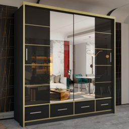 M N Furniture Silora 2 Door 4 Drawer Black and Gold High Gloss Mirrored Sliding Wardrobe 203cm