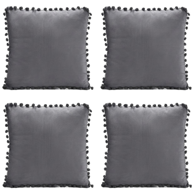 Alan Symonds Charcoal Pom Pom Edged Plain Cushion with Polyester Filled Pad 43 x 43cm 4 Pack