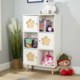 Home Source Daisy White 3 Door 3 Shelf Cut Out Rattan Insert Kids Cube Storage Unit