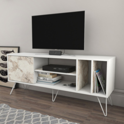 Decorotika Mistico Single Door 4 Shelf White and White Marble Effect TV Unit