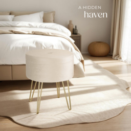 tectake Ava Padded Cream Velvet Round Stool with Storage - thumbnail 3