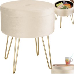 tectake Ava Padded Cream Velvet Round Stool with Storage - thumbnail 2