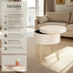 tectake Ava Padded Cream Velvet Round Stool with Storage - thumbnail 4