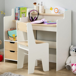 Home Source Scribbly White and Wood Effect 2 Drawer 3 Shelf Kids Study Desk and Chair Set - thumbnail 1