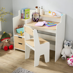 Home Source Scribbly White and Wood Effect 2 Drawer 3 Shelf Kids Study Desk and Chair Set - thumbnail 3