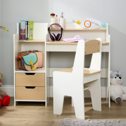 Home Source Scribbly White and Wood Effect 2 Drawer 3 Shelf Kids Study Desk and Chair Set - thumbnail 4