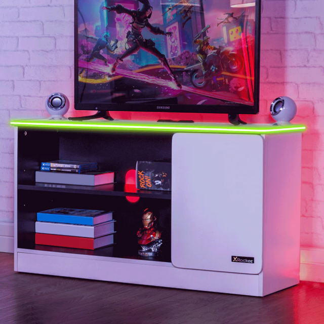 X Rocker Carbon-Tek White Single Door 2 Shelf TV Media Cabinet with Neo Fibre LED Light - image 1