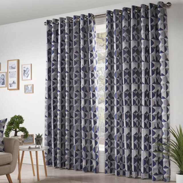 Alan Symonds Scandi Jacquard Lined Ring Top Eyelet Curtains Blue Grey Silver 228 x 183cm - image 1