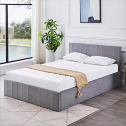 Portland Kosy Koala Single Grey Line Pattern Velvet Pine Wood Gas Lift Ottoman Bed with Mattress