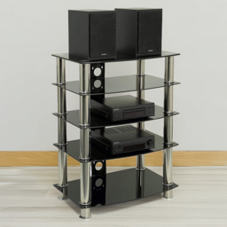Centurion Supports Galago 5 Shelf Black Glass Multimedia Stand with Silver Legs