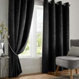 Alan Symonds Velvet Blackout Ring Top Eyelet Curtains Black 117 x 229cm