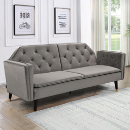 Comfy Living 3 Seater Plush Velvet Grey Tufted Sofa Bed with Black and Gold Legs